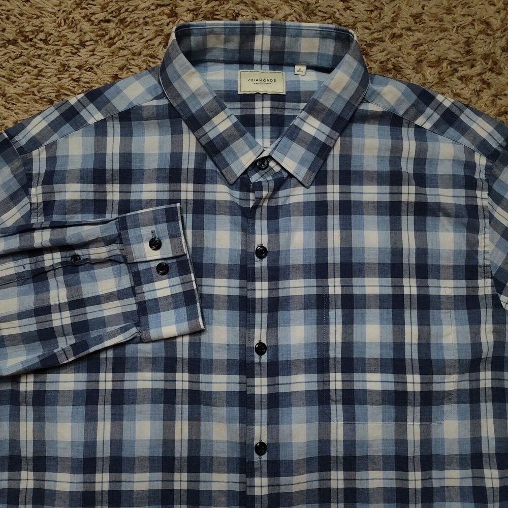 7‎ Diamonds Blue Plaid Men Sz XL Long Sleeve Button Up Shirt